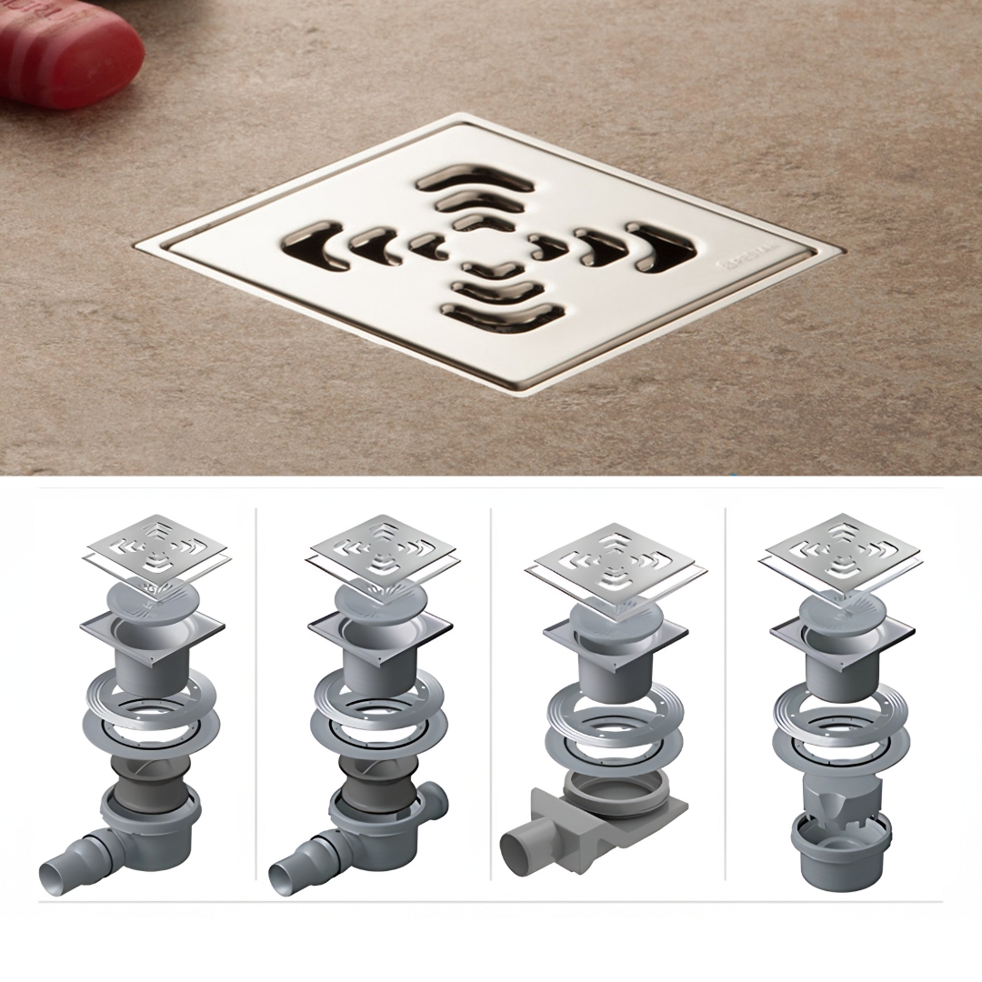 Confluo Bodenablauf 15x15 cm – Edelstahl-Design „Square“ – inkl. Maske & Hydroisolation – wählbare Basisvarianten