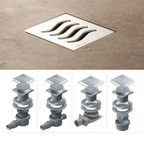 Confluo Bodenablauf 15x15 cm – Edelstahl-Design „Tide“ – inkl. Maske & Hydroisolation – wählbare Basisvarianten