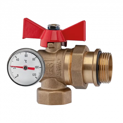 Kugelhahn abgewinkelt 1" Zoll mit rotem Flügelgriff Absperrhahn IG /AG aus Messing