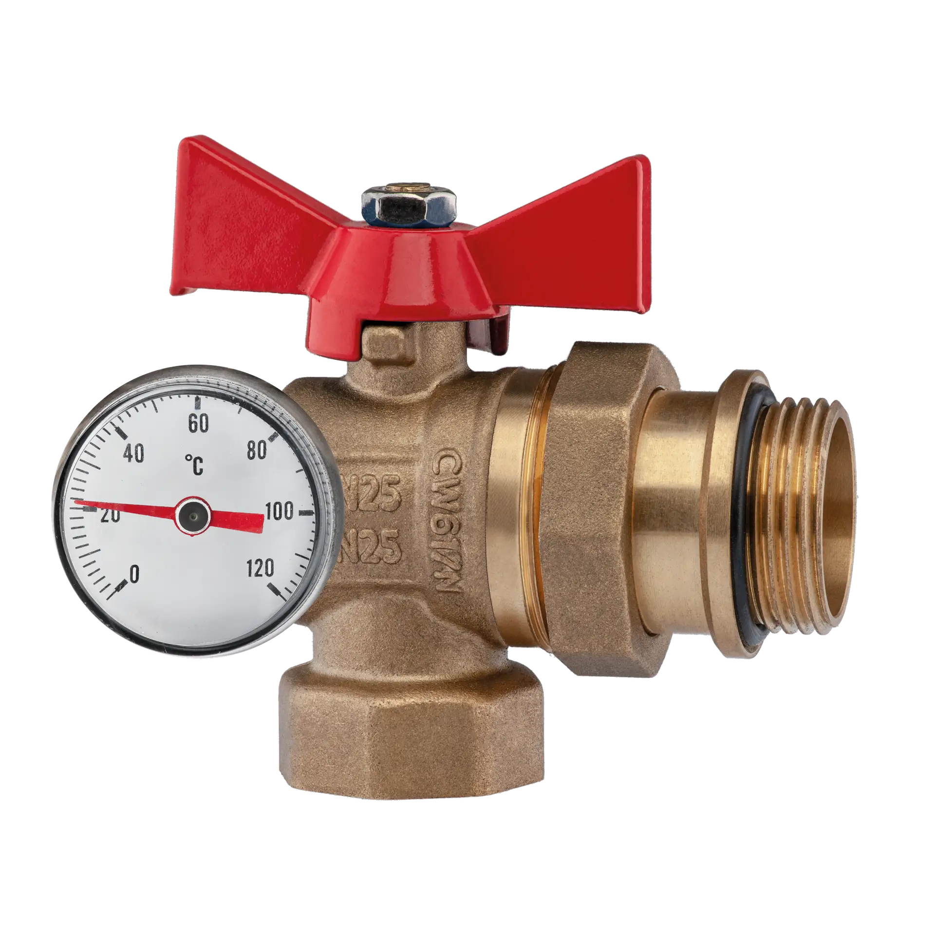 Kugelhahn abgewinkelt 1" Zoll mit rotem Flügelgriff Absperrhahn IG /AG aus Messing