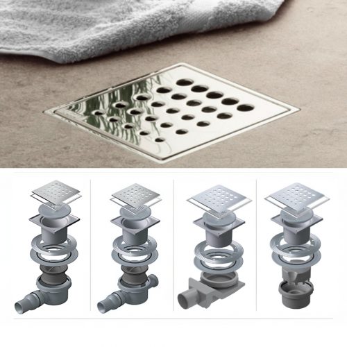 Confluo Bodenablauf 15x15 cm – Edelstahl-Design „Drops“ – inkl. Maske & Hydroisolation – wählbare Basisvarianten