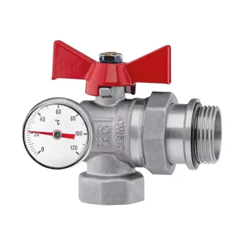 Kugelhahn abgewinkelt 1" Zoll mit rotem Flügelgriff Absperrhahn IG /AG verzinkt