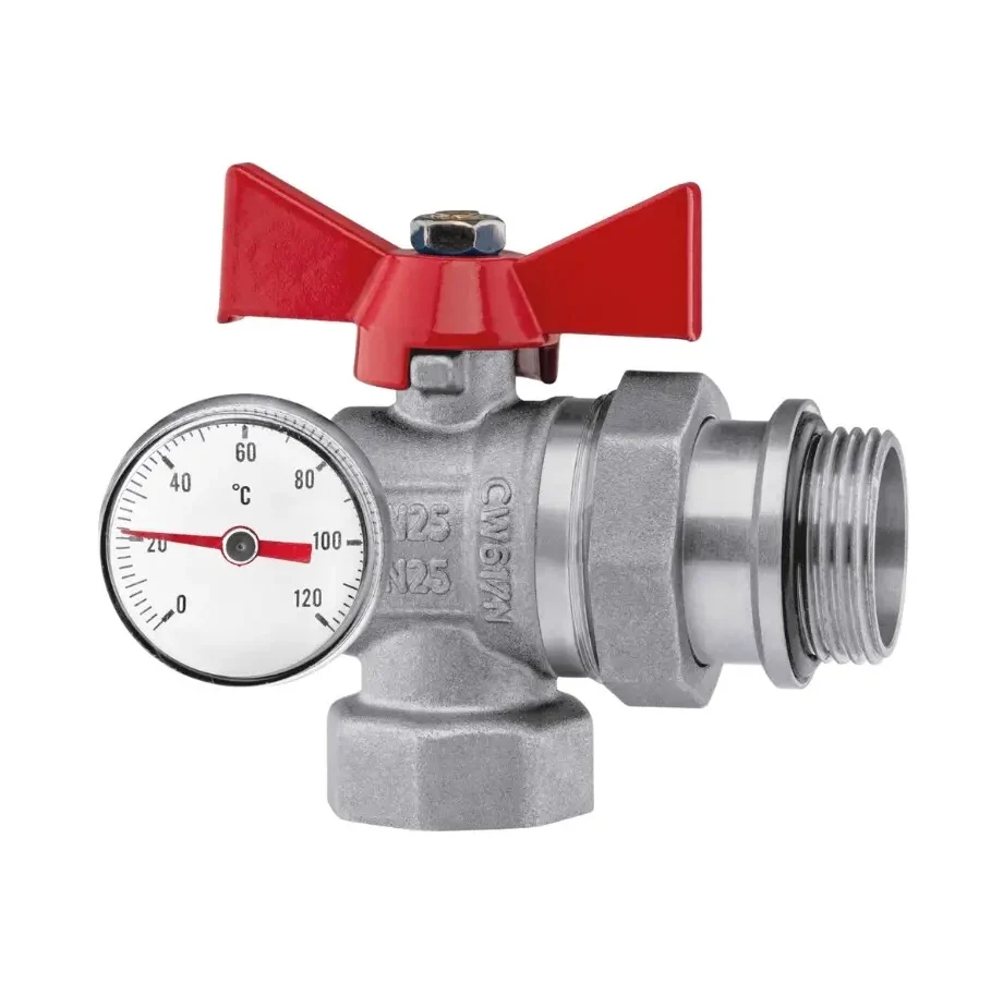 Kugelhahn abgewinkelt 1" Zoll mit rotem Flügelgriff Absperrhahn IG /AG verzinkt