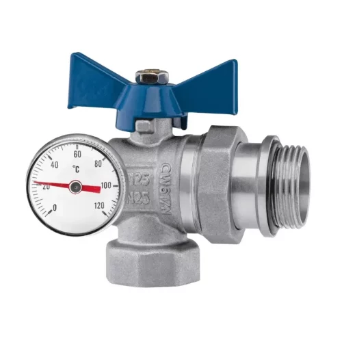 Kugelhahn abgewinkelt 1" Zoll mit blauem Flügelgriff Absperrhahn IG /AG verzinkt