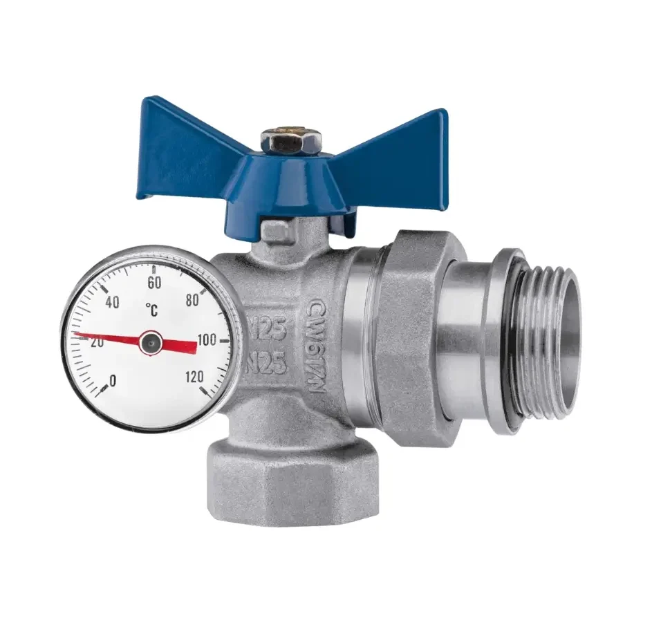 Kugelhahn abgewinkelt 1" Zoll mit blauem Flügelgriff Absperrhahn IG /AG verzinkt