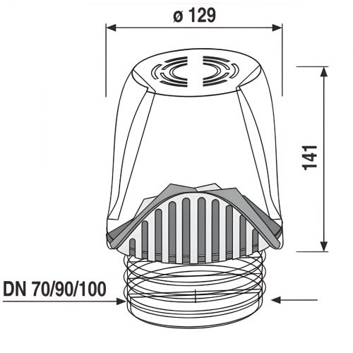 Technische Zeichnung SANIT ventilair duplex DN 70-100 mit Maßen Ø129 mm und Höhe 141 mm