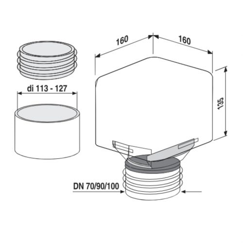 Technische Zeichnung SANIT Rohrbelüfter DN 70-100 Außenbereich mit Maßen 160x160 mm und Höhe 135 mm